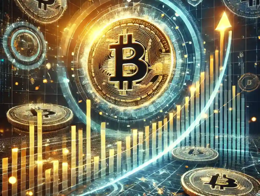 A futuristic digital illustration depicting Bitcoin coins glowing and rising along a graph-like curve against a blockchain-themed background, symbolizing cryptocurrency optimism.