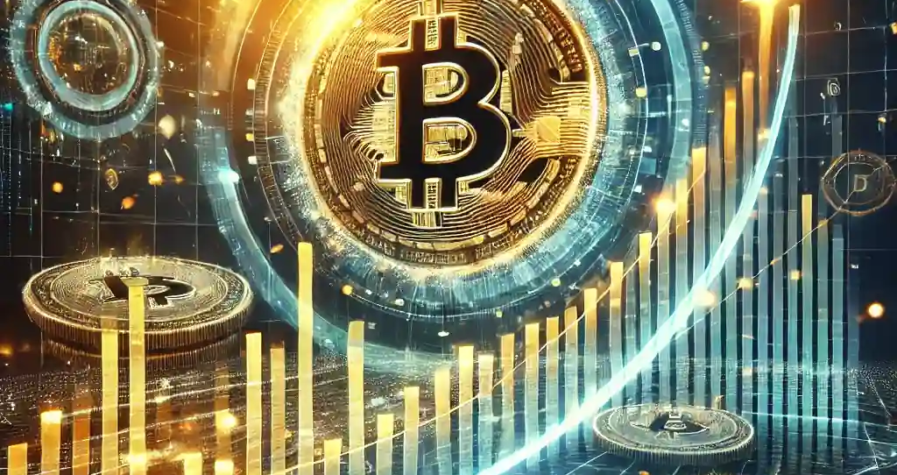 A futuristic digital illustration depicting Bitcoin coins glowing and rising along a graph-like curve against a blockchain-themed background, symbolizing cryptocurrency optimism.