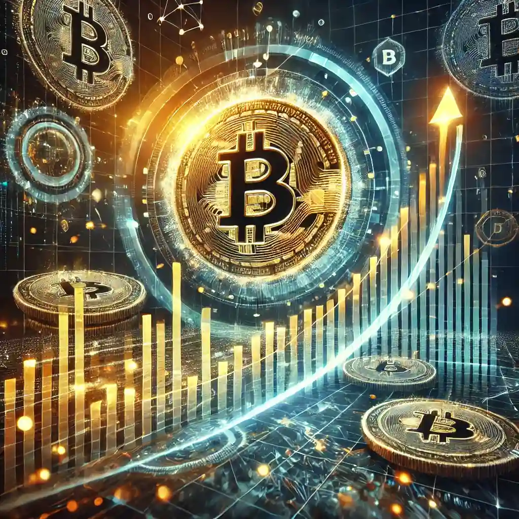 A futuristic digital illustration depicting Bitcoin coins glowing and rising along a graph-like curve against a blockchain-themed background, symbolizing cryptocurrency optimism.