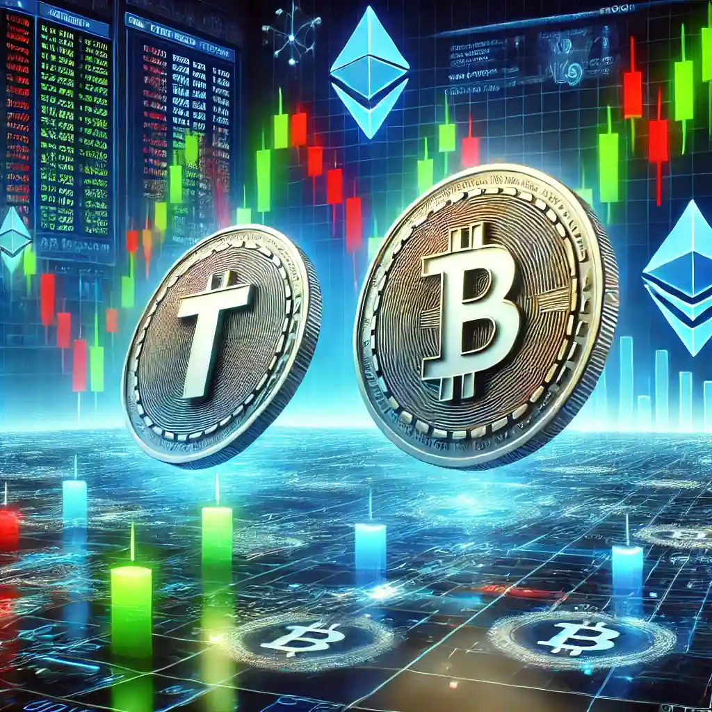 A dynamic digital illustration representing the volatile rise and fall of Trump and Melania memecoins, featuring futuristic financial and crypto-themed elements.