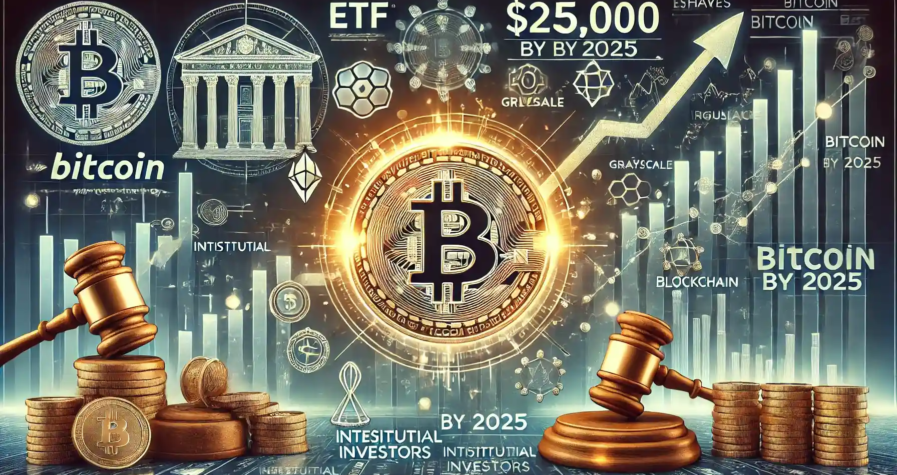 A futuristic digital illustration showcasing Bitcoin's meteoric rise in 2024, with glowing price charts, blockchain elements, and ETF symbols.
