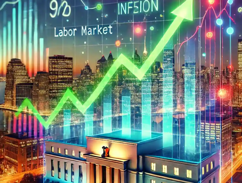 A futuristic digital illustration depicting U.S. inflation and economic dynamics in 2025, featuring glowing financial charts against a vibrant cityscape with a stylized Federal Reserve building.
