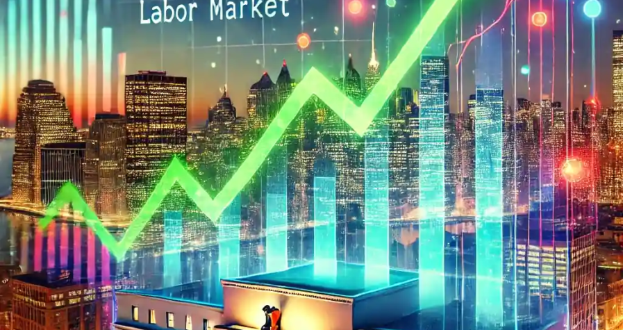 A futuristic digital illustration depicting U.S. inflation and economic dynamics in 2025, featuring glowing financial charts against a vibrant cityscape with a stylized Federal Reserve building.