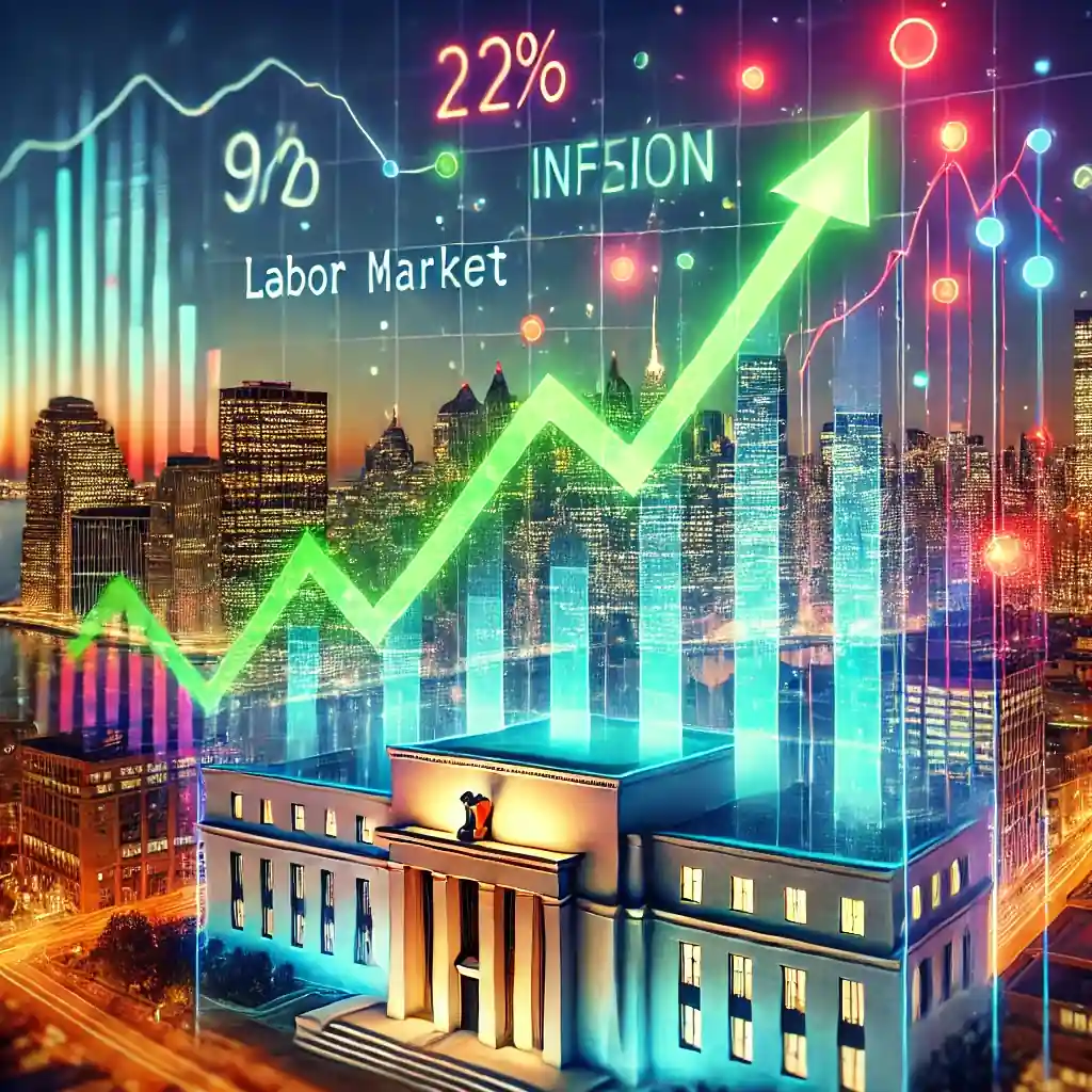 A futuristic digital illustration depicting U.S. inflation and economic dynamics in 2025, featuring glowing financial charts against a vibrant cityscape with a stylized Federal Reserve building.