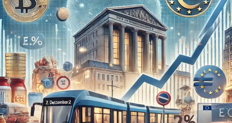 An illustrative depiction of Germany's inflation rise in December 2024, highlighting energy prices, public transport costs, and ECB policy impacts.