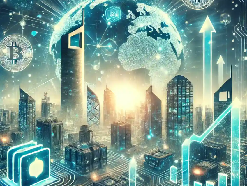 A futuristic cityscape blending Middle Eastern and European architectural styles, symbolizing Abu Dhabi and Paris, with abstract digital wallet icons and glowing blockchain connections, representing global crypto investment.