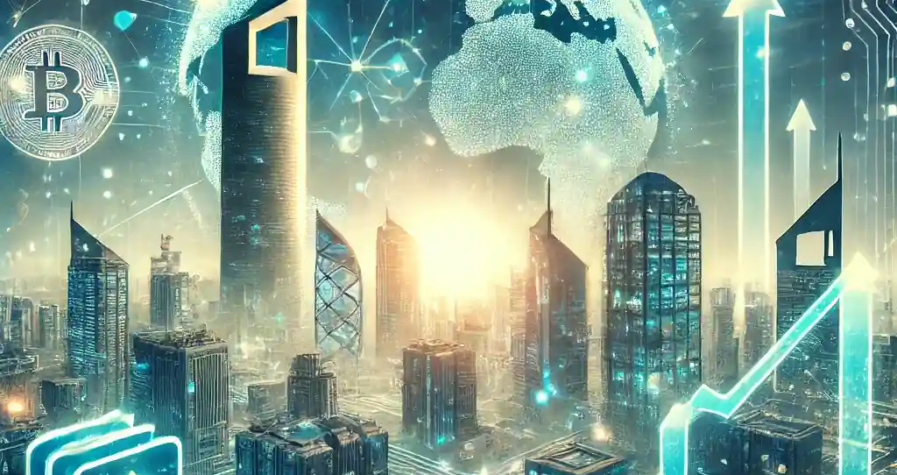 A futuristic cityscape blending Middle Eastern and European architectural styles, symbolizing Abu Dhabi and Paris, with abstract digital wallet icons and glowing blockchain connections, representing global crypto investment.