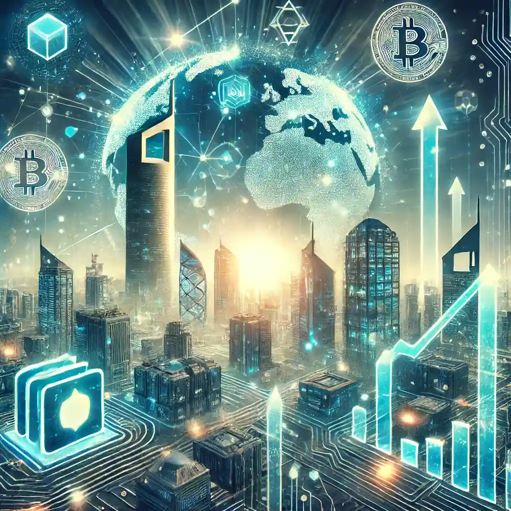 A futuristic cityscape blending Middle Eastern and European architectural styles, symbolizing Abu Dhabi and Paris, with abstract digital wallet icons and glowing blockchain connections, representing global crypto investment.