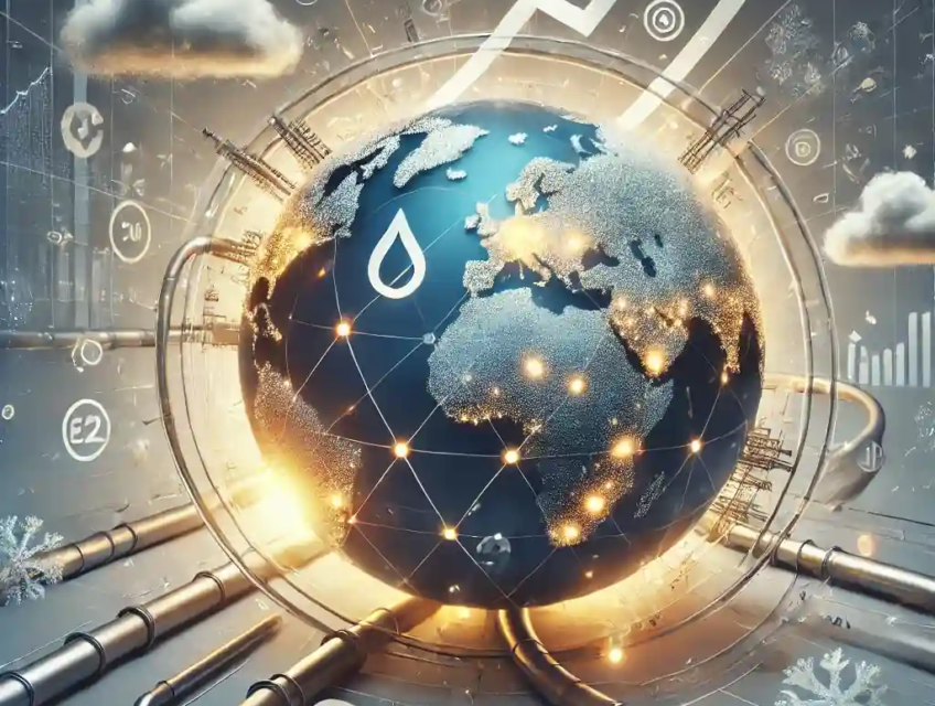 Digital illustration of a globe with pipelines and energy nodes, symbolizing global oil markets amidst fluctuating trends and winter weather.