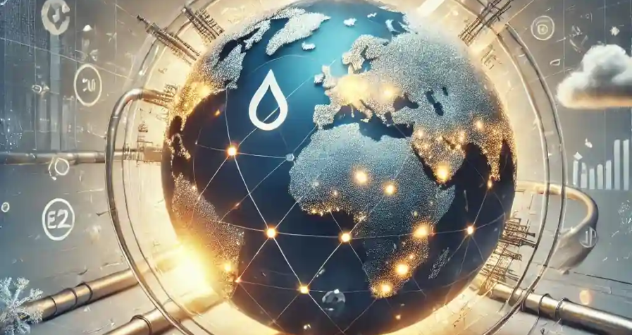 Digital illustration of a globe with pipelines and energy nodes, symbolizing global oil markets amidst fluctuating trends and winter weather.