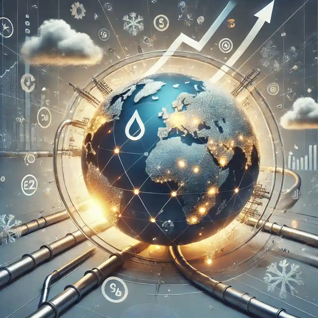 Digital illustration of a globe with pipelines and energy nodes, symbolizing global oil markets amidst fluctuating trends and winter weather.