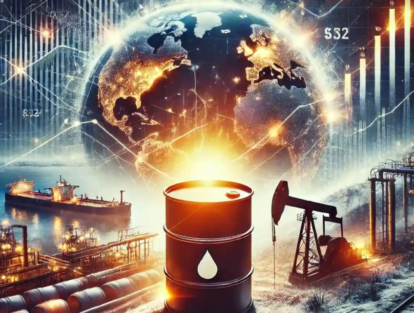 Digital illustration showing illuminated oil barrels, winter landscapes, and tankers with graphical elements reflecting market trends.