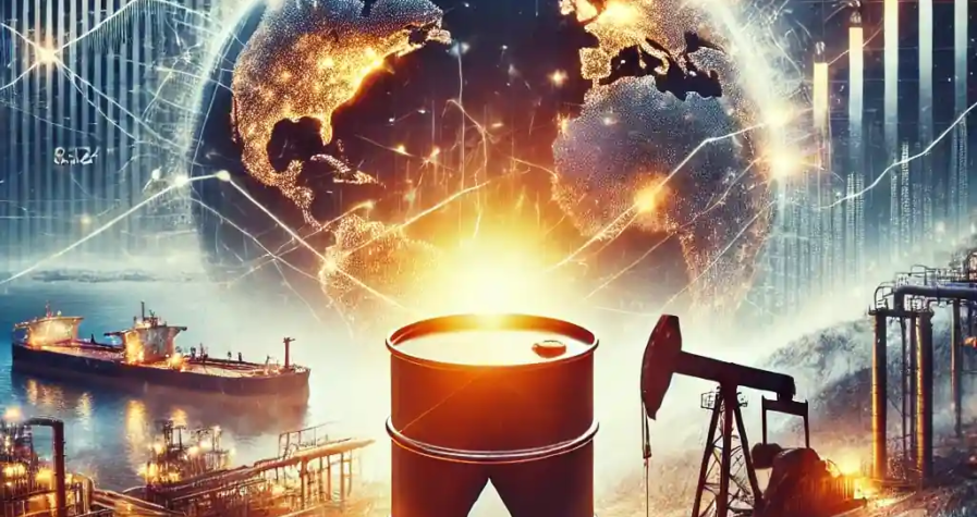 Digital illustration showing illuminated oil barrels, winter landscapes, and tankers with graphical elements reflecting market trends.