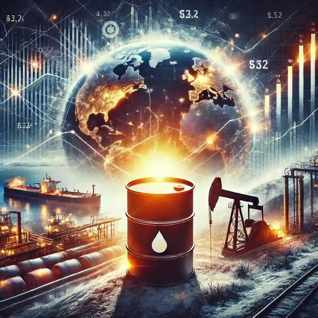 Digital illustration showing illuminated oil barrels, winter landscapes, and tankers with graphical elements reflecting market trends.
