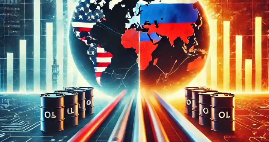 Illustration depicting oil barrels, global trade routes, and geopolitical symbols, symbolizing the impact of US sanctions on Russian oil and global energy markets.