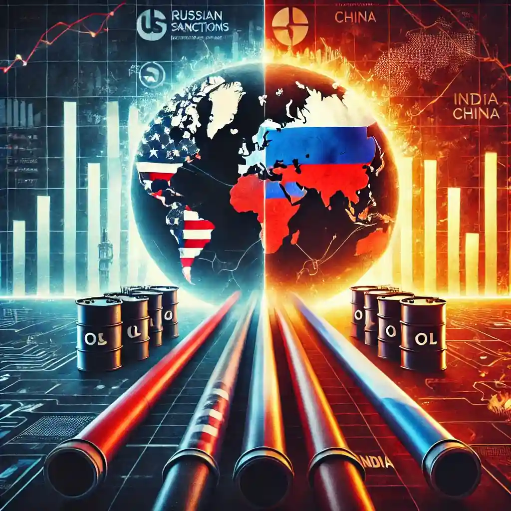 Illustration depicting oil barrels, global trade routes, and geopolitical symbols, symbolizing the impact of US sanctions on Russian oil and global energy markets.
