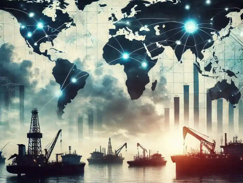 Illustration depicting oil rigs and tankers against a stormy sky, symbolizing global oil market volatility.