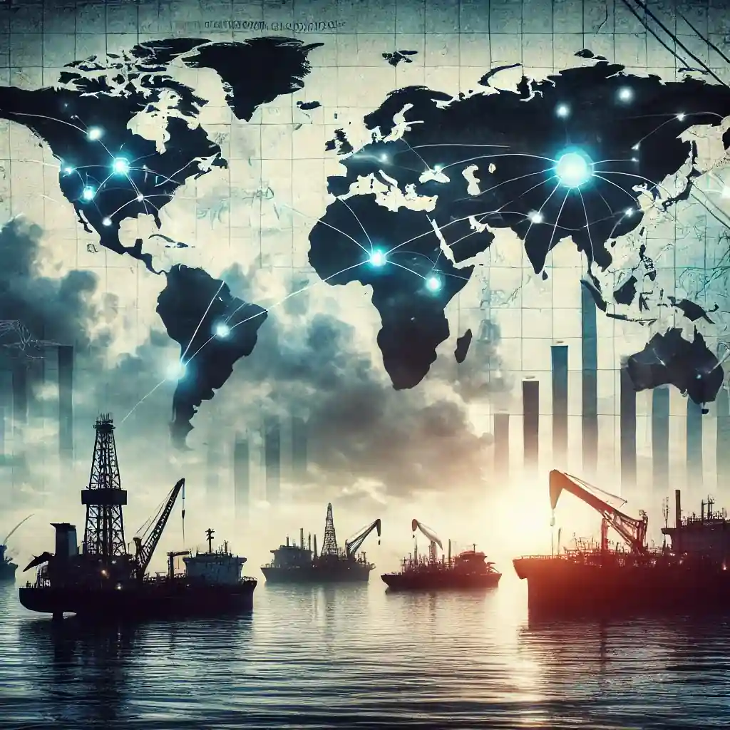 Illustration depicting oil rigs and tankers against a stormy sky, symbolizing global oil market volatility.