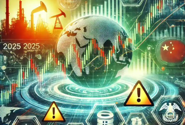 A modern depiction of global stock market trends at the start of 2025, featuring a rising stock graph with warning symbols, a Chinese factory silhouette, and symbols for oil and the Federal Reserve.