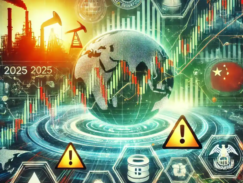 A modern depiction of global stock market trends at the start of 2025, featuring a rising stock graph with warning symbols, a Chinese factory silhouette, and symbols for oil and the Federal Reserve.