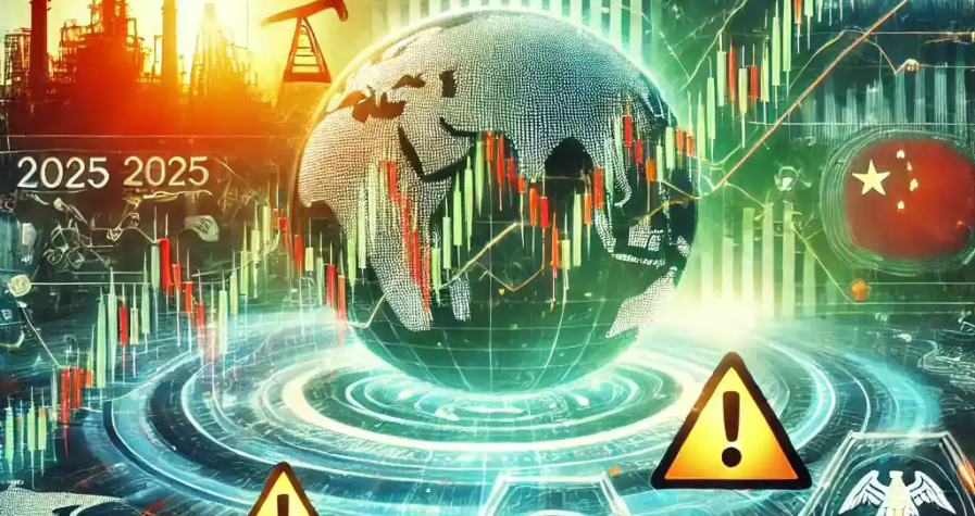 A modern depiction of global stock market trends at the start of 2025, featuring a rising stock graph with warning symbols, a Chinese factory silhouette, and symbols for oil and the Federal Reserve.
