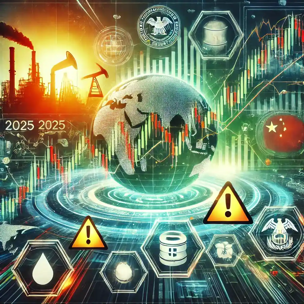A modern depiction of global stock market trends at the start of 2025, featuring a rising stock graph with warning symbols, a Chinese factory silhouette, and symbols for oil and the Federal Reserve.