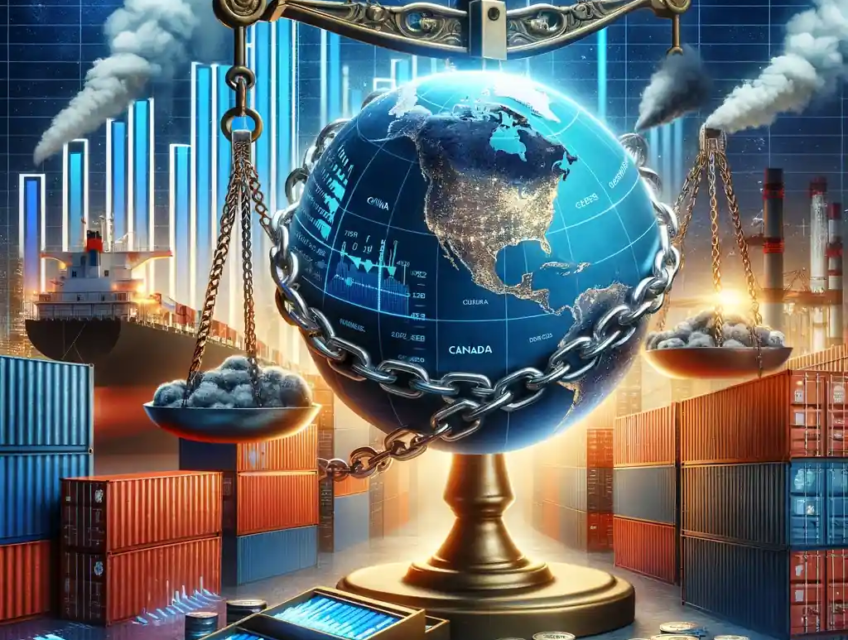 A symbolic illustration of global trade challenges, featuring a globe wrapped in chains, surrounded by trade data and shipping containers labeled 'China,' 'Canada,' and 'Mexico' near an industrial factory.