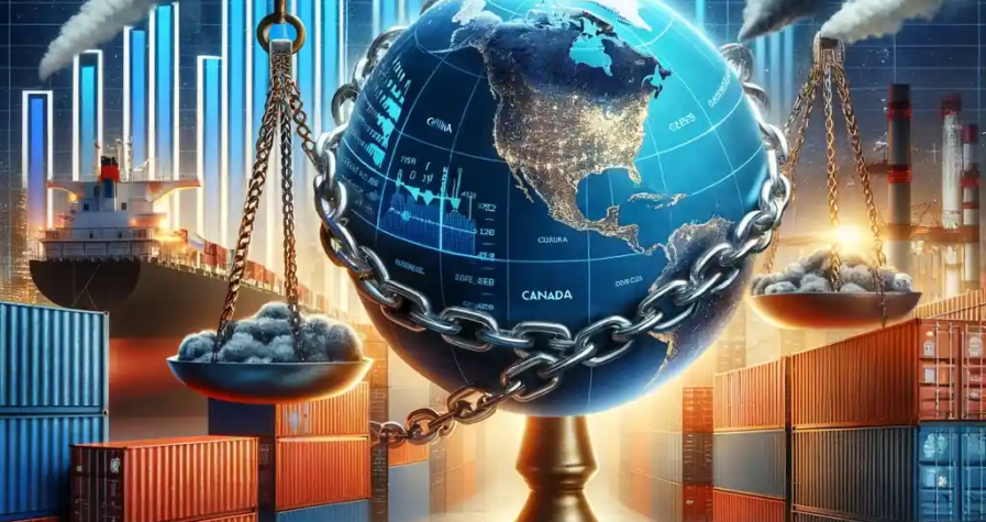 A symbolic illustration of global trade challenges, featuring a globe wrapped in chains, surrounded by trade data and shipping containers labeled 'China,' 'Canada,' and 'Mexico' near an industrial factory.
