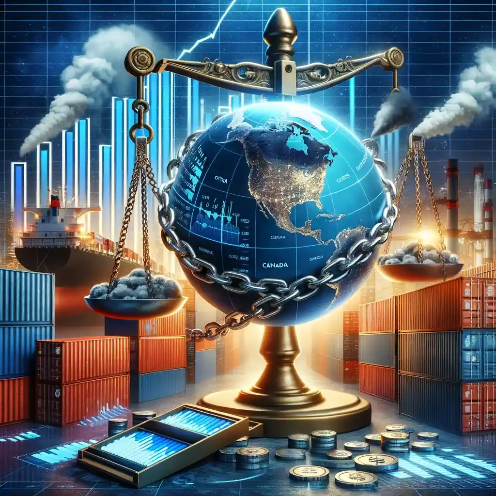 A symbolic illustration of global trade challenges, featuring a globe wrapped in chains, surrounded by trade data and shipping containers labeled 'China,' 'Canada,' and 'Mexico' near an industrial factory.