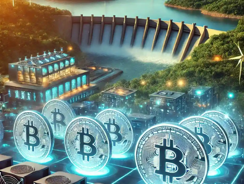 A futuristic Bitcoin mining facility powered by hydroelectric energy, featuring servers, Bitcoin symbols, and a hydroelectric dam in Paraguay
