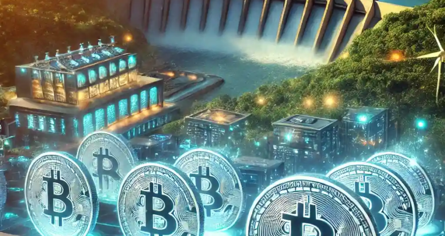A futuristic Bitcoin mining facility powered by hydroelectric energy, featuring servers, Bitcoin symbols, and a hydroelectric dam in Paraguay