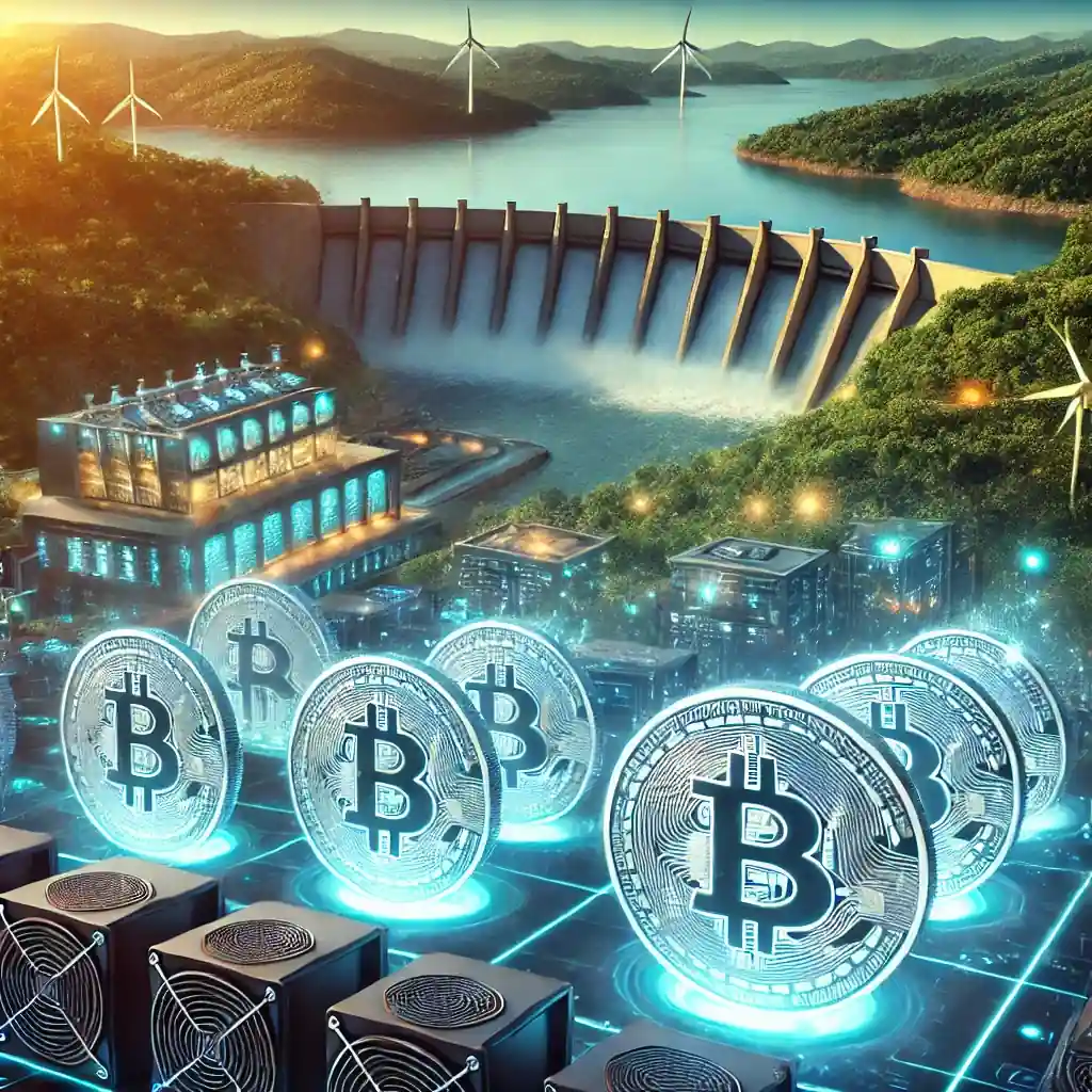 A futuristic Bitcoin mining facility powered by hydroelectric energy, featuring servers, Bitcoin symbols, and a hydroelectric dam in Paraguay