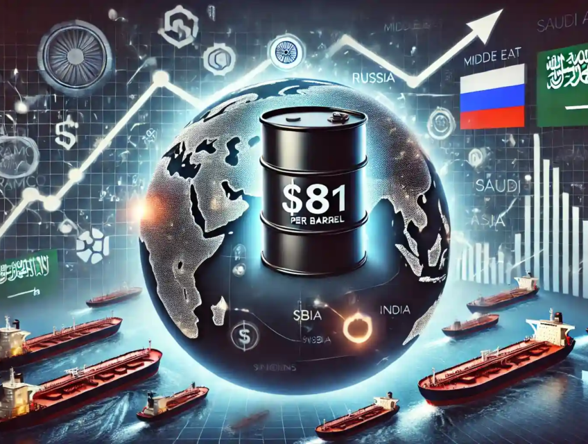 Illustration des dynamiques du marché pétrolier mondial avec le pétrole Brent à 81 $, des cartes géographiques, et des tankers près de l’Asie.