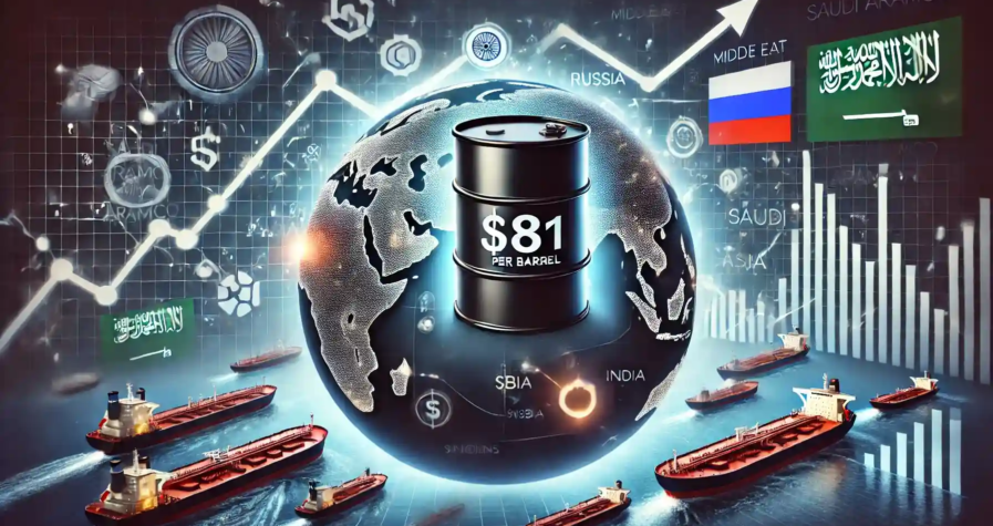 Illustration des dynamiques du marché pétrolier mondial avec le pétrole Brent à 81 $, des cartes géographiques, et des tankers près de l’Asie.