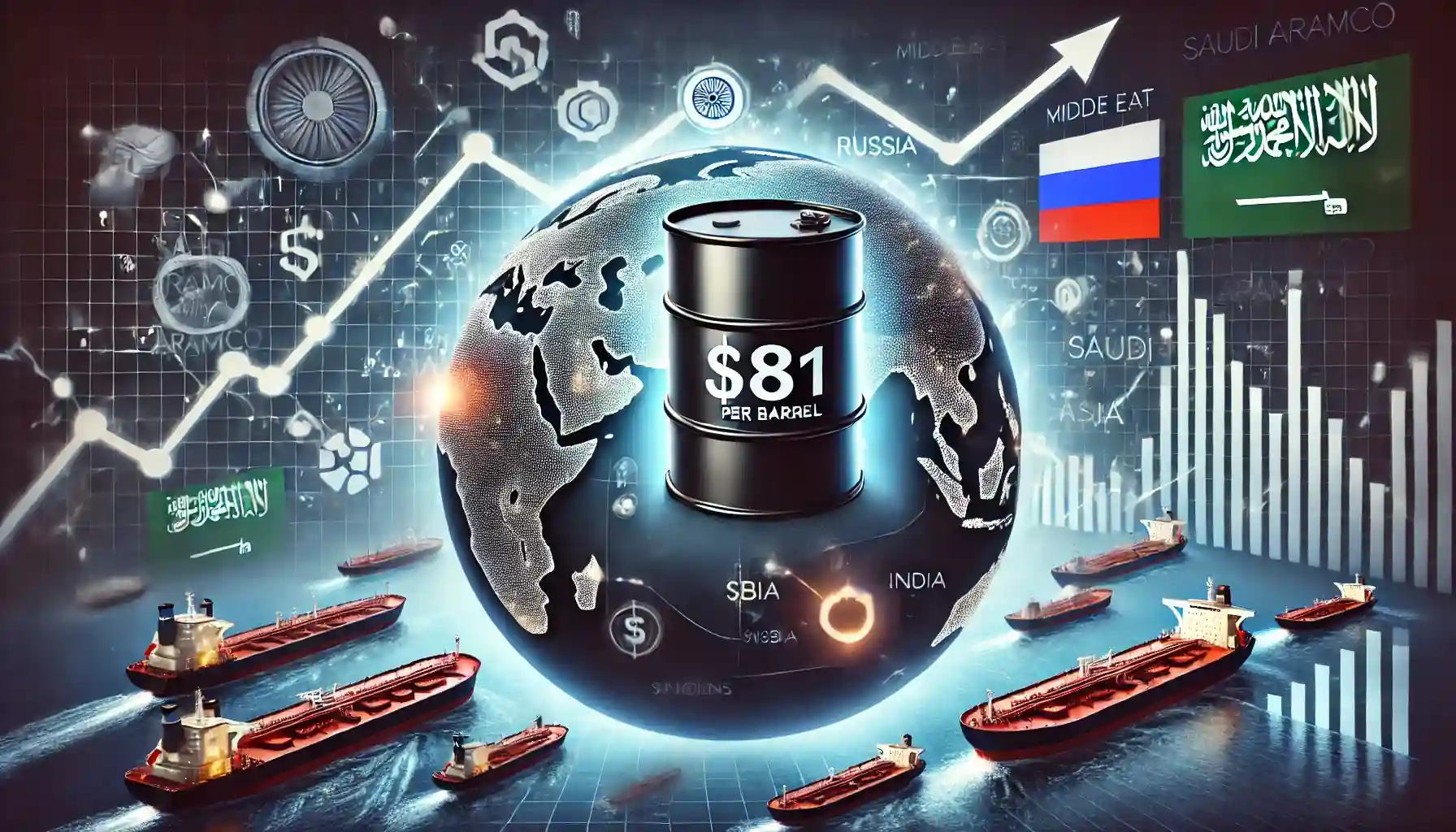 Illustration des dynamiques du marché pétrolier mondial avec le pétrole Brent à 81 $, des cartes géographiques, et des tankers près de l’Asie.