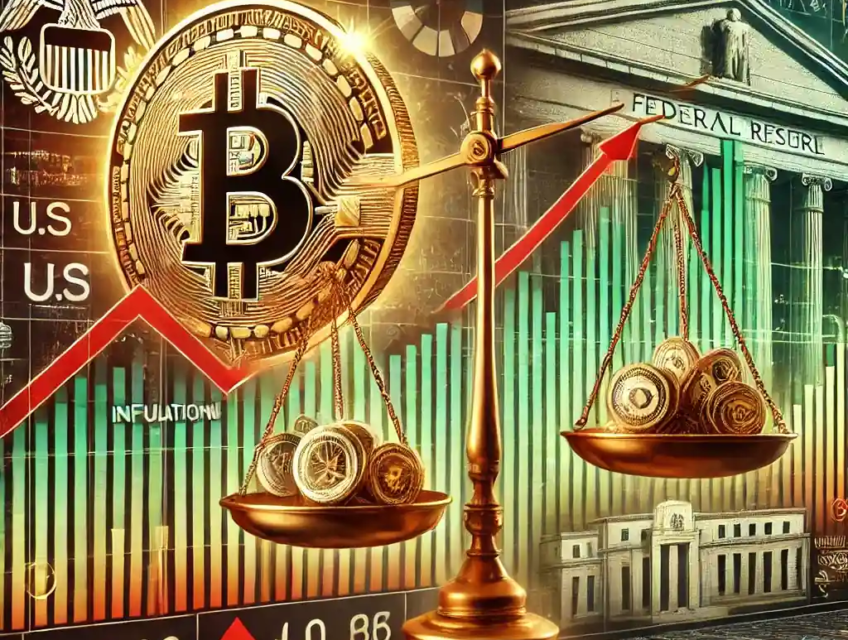 Illustration détaillée montrant la volatilité des marchés financiers avec un graphique de fluctuations, un Bitcoin symbolisant la résilience des crypto-monnaies, et une balance représentant l'influence de la Réserve fédérale sur l'inflation.