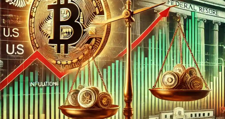 Illustration détaillée montrant la volatilité des marchés financiers avec un graphique de fluctuations, un Bitcoin symbolisant la résilience des crypto-monnaies, et une balance représentant l'influence de la Réserve fédérale sur l'inflation.