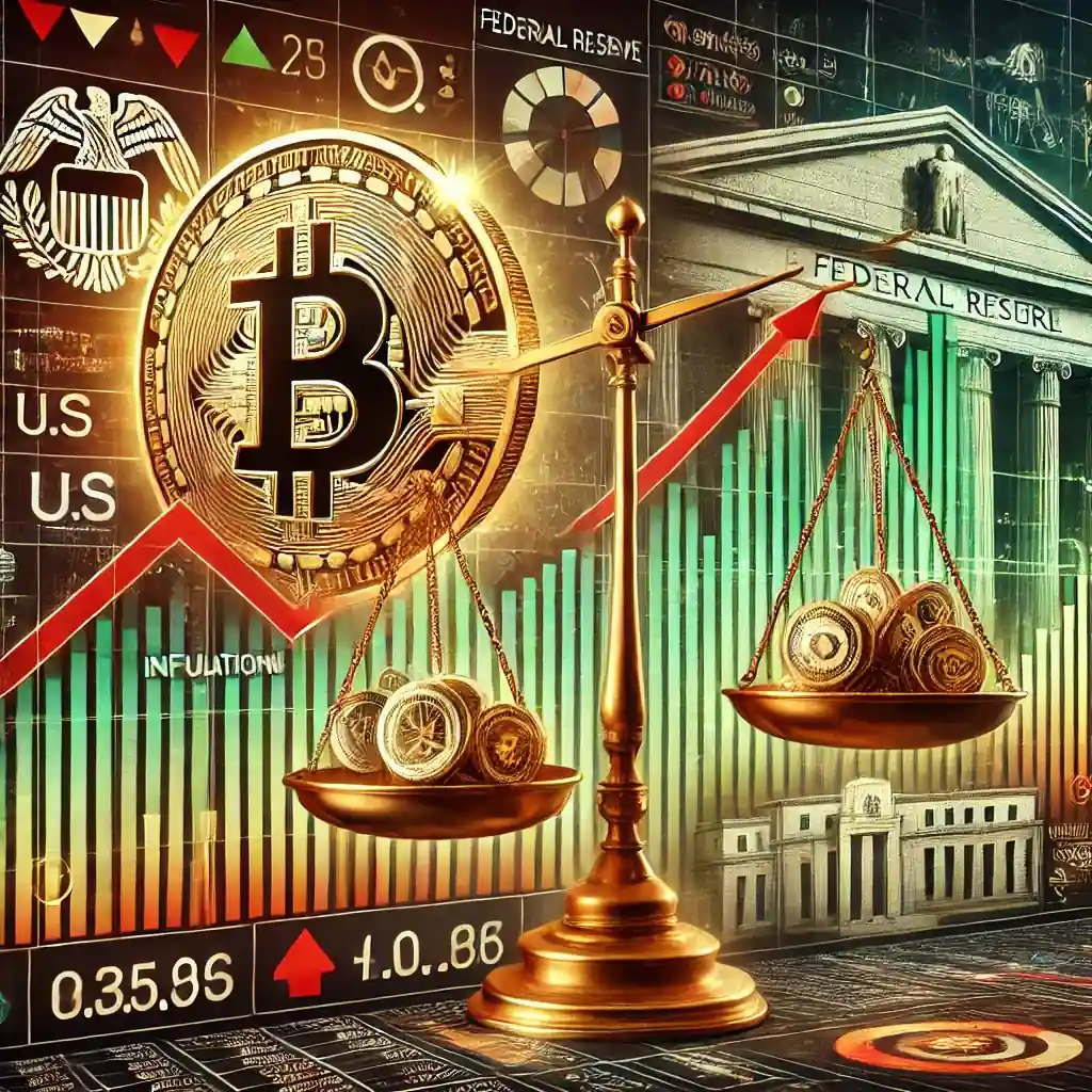 Illustration détaillée montrant la volatilité des marchés financiers avec un graphique de fluctuations, un Bitcoin symbolisant la résilience des crypto-monnaies, et une balance représentant l'influence de la Réserve fédérale sur l'inflation.