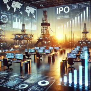 Illustration numérique représentant l'IPO de Flowco Holdings avec des équipements pétroliers modernes, des graphiques financiers et une ambiance professionnelle.