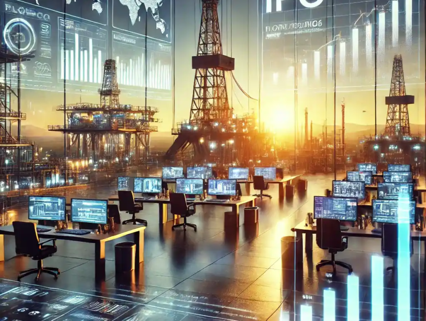 Illustration numérique représentant l'IPO de Flowco Holdings avec des équipements pétroliers modernes, des graphiques financiers et une ambiance professionnelle.