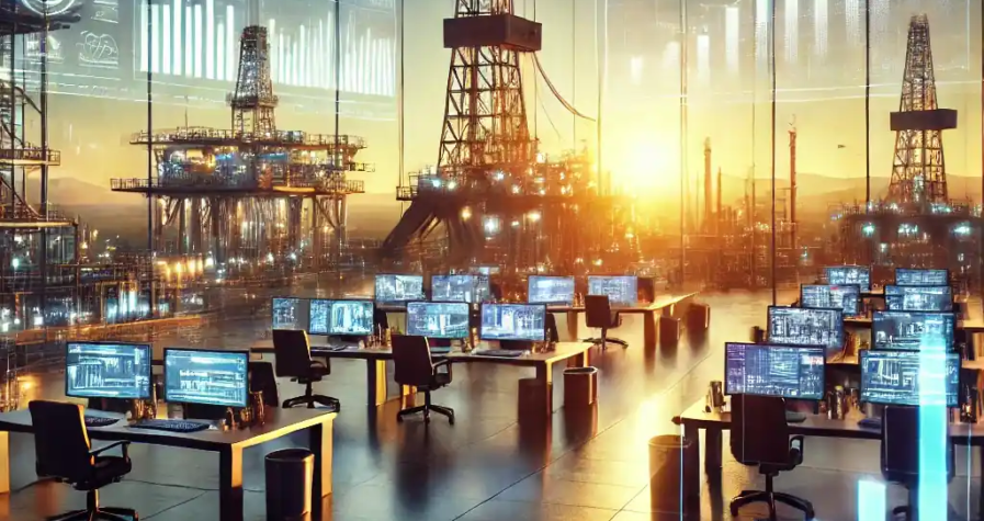 Illustration numérique représentant l'IPO de Flowco Holdings avec des équipements pétroliers modernes, des graphiques financiers et une ambiance professionnelle.