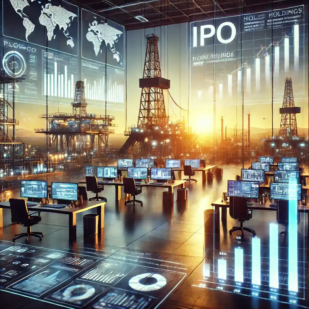 Illustration numérique représentant l'IPO de Flowco Holdings avec des équipements pétroliers modernes, des graphiques financiers et une ambiance professionnelle.