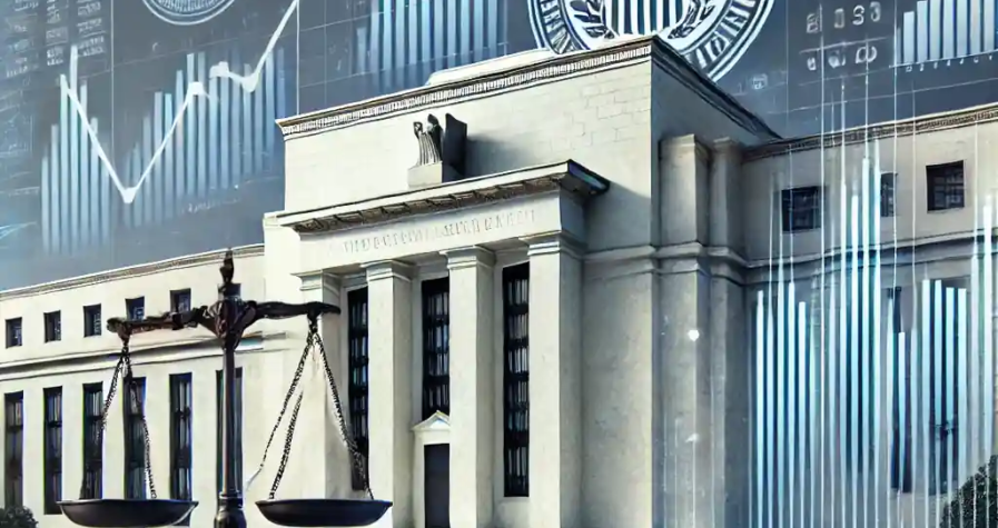 Illustration réaliste du bâtiment de la Réserve fédérale avec des graphiques financiers représentant l'inflation et la croissance économique, intégrée à des éléments symboliques comme une balance et des motifs technologiques.