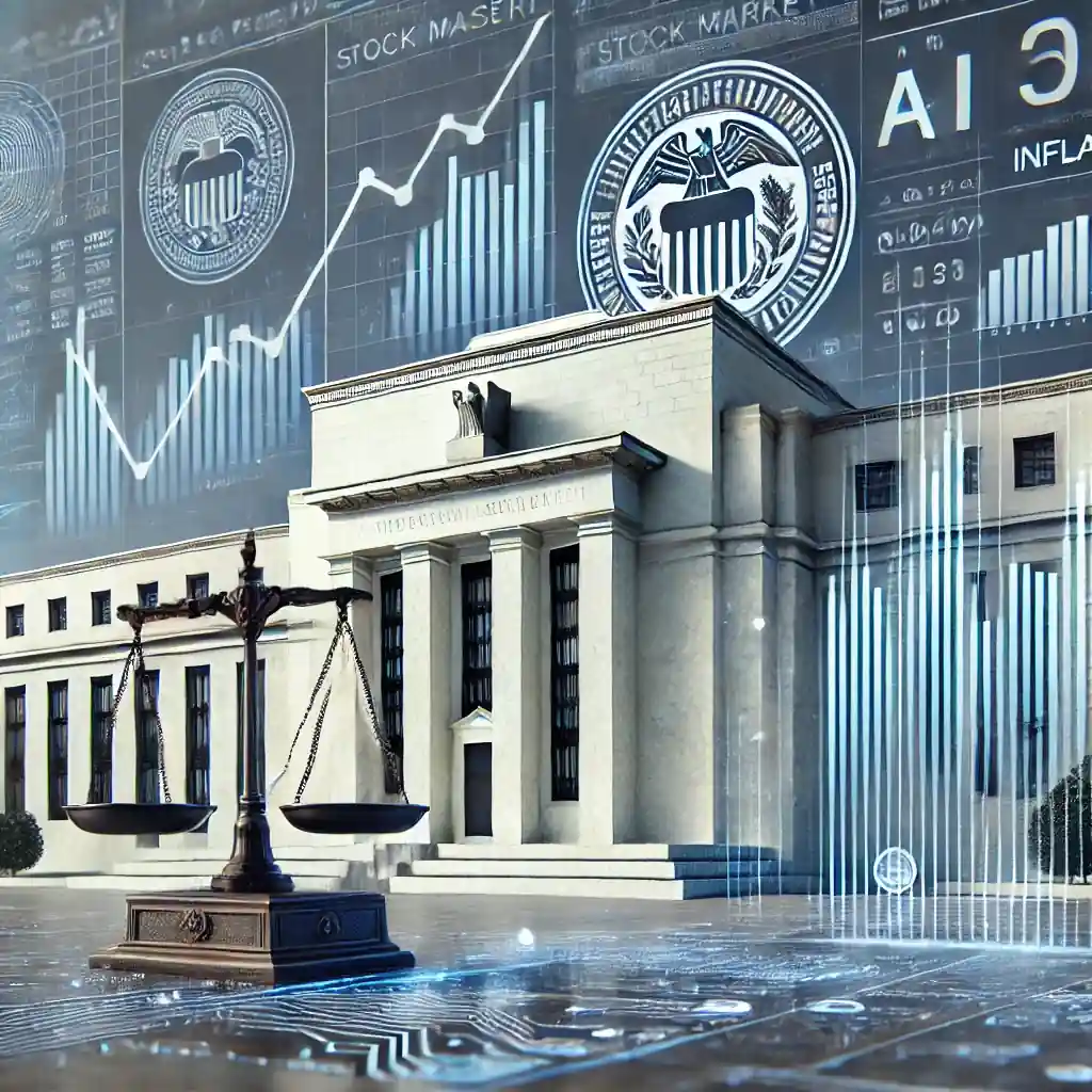 Illustration réaliste du bâtiment de la Réserve fédérale avec des graphiques financiers représentant l'inflation et la croissance économique, intégrée à des éléments symboliques comme une balance et des motifs technologiques.