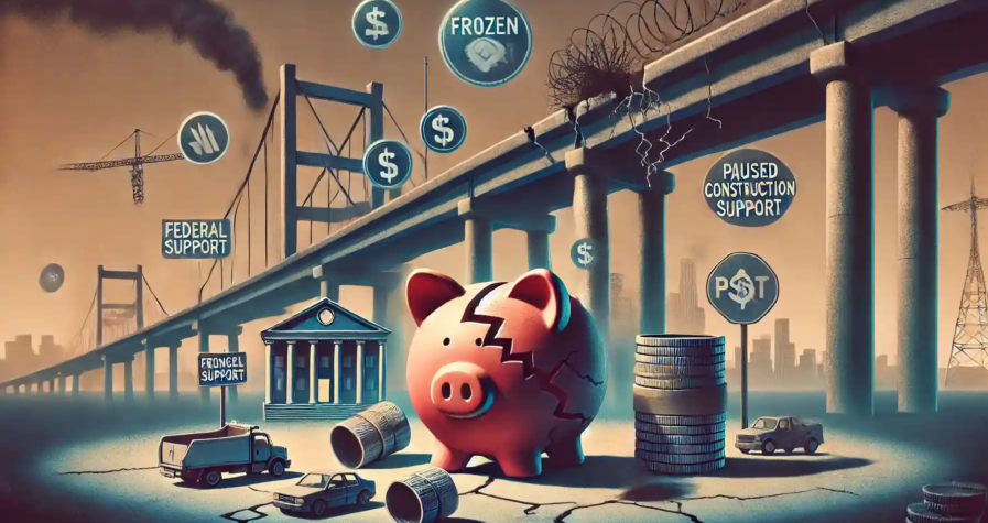 Illustration symbolique représentant l'impact d'une suspension massive des financements fédéraux avec des tirelires fissurées, des projets de construction gelés, et des services publics en déclin