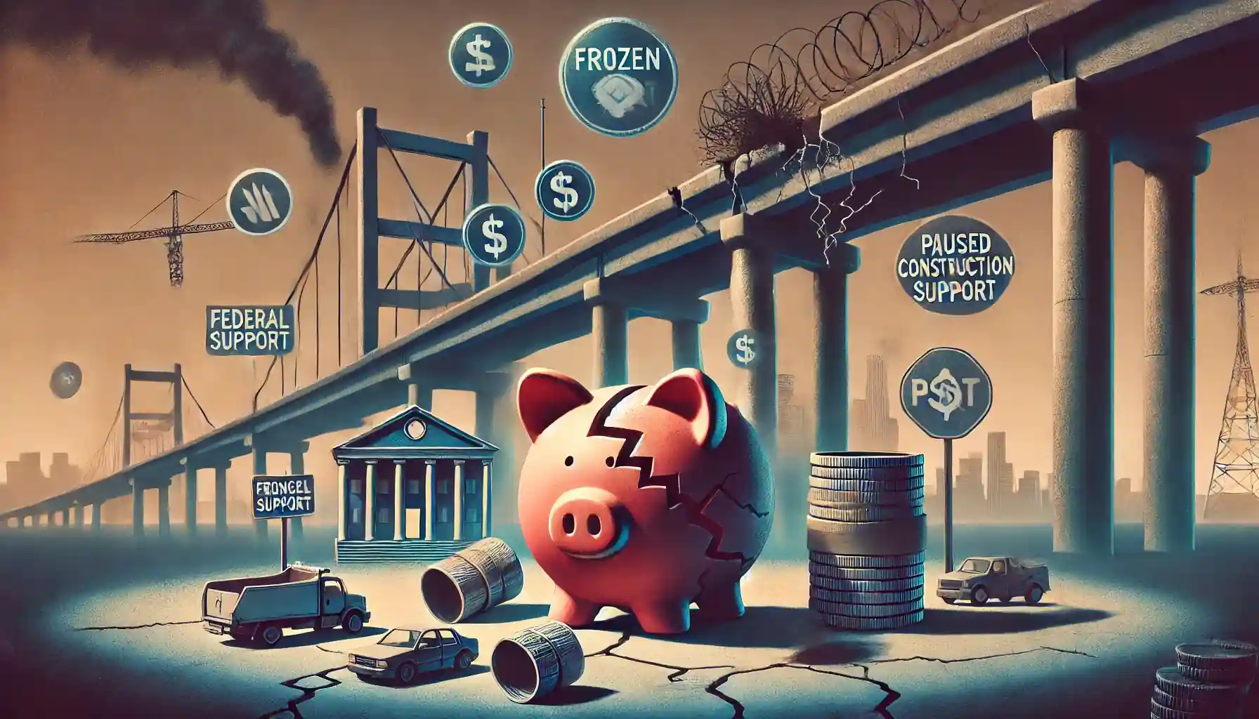 Illustration symbolique représentant l'impact d'une suspension massive des financements fédéraux avec des tirelires fissurées, des projets de construction gelés, et des services publics en déclin