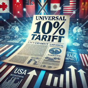 Un visuel représentant une balance économique symbolisant les tarifs universels proposés par Donald Trump, montrant des conteneurs maritimes avec des drapeaux américains, canadiens, chinois et mexicains, illustrant les tensions commerciales et les importations ciblées.