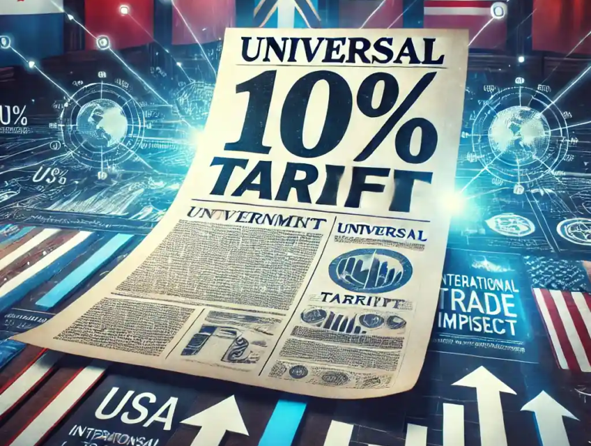 Un visuel représentant une balance économique symbolisant les tarifs universels proposés par Donald Trump, montrant des conteneurs maritimes avec des drapeaux américains, canadiens, chinois et mexicains, illustrant les tensions commerciales et les importations ciblées.