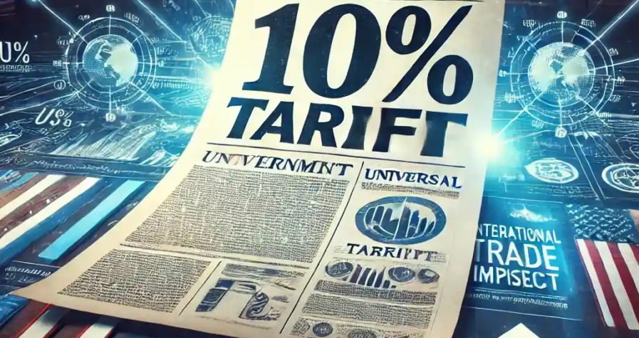 Un visuel représentant une balance économique symbolisant les tarifs universels proposés par Donald Trump, montrant des conteneurs maritimes avec des drapeaux américains, canadiens, chinois et mexicains, illustrant les tensions commerciales et les importations ciblées.