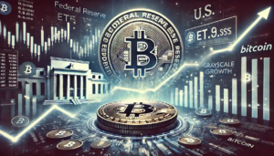Illustration de l'effet des données économiques américaines sur le Bitcoin, avec un symbole de Bitcoin en déclin, des graphiques financiers fluctuants, et un symbole du dollar américain en hausse.